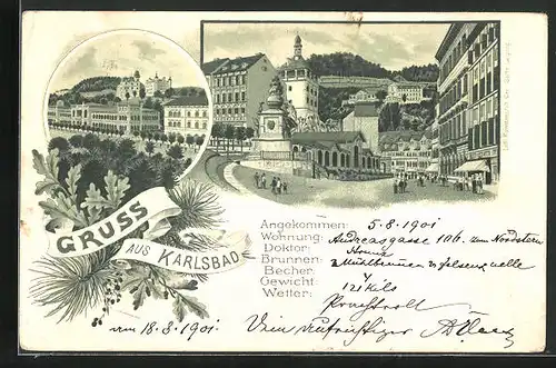 Lithographie Karlsbad, Strassenansichten aus dem Kurort