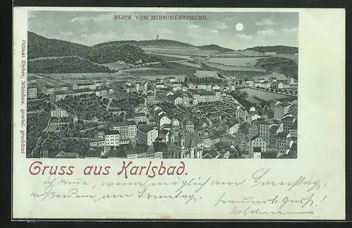 Mondschein-Lithographie Karlsbad, Blick vom Hirschensprung