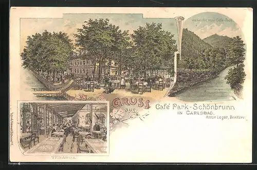 Lithographie Karlsbad, Cafe Park-Schönbrunn, Veranda