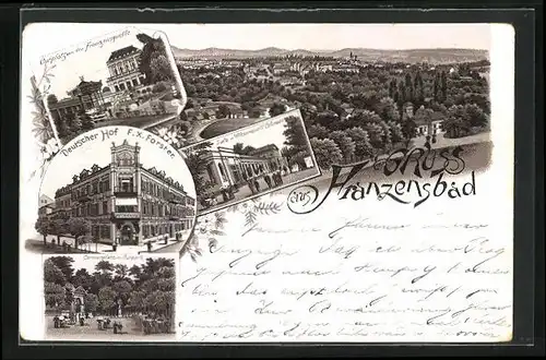 Lithographie Franzensbad, Hotel Deutscher Hof, Salz- und Wiesenquell Colonade