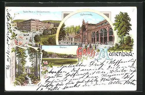 Lithographie Marienbad, Tepler-Haus und Stefanstrasse, Kolonnade, Glatzen