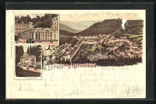 Lithographie Marienbad, Waldquelle, Kreuzbrunnen, Blick auf den Kurort