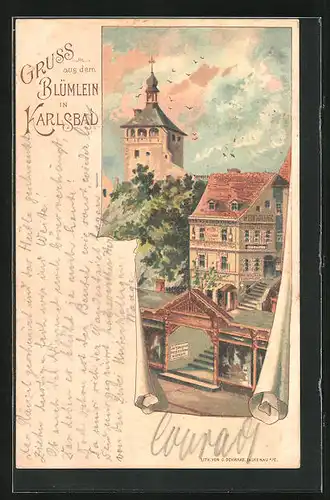 Lithographie Karlsbad, Ansicht vom Gasthaus Blümlein