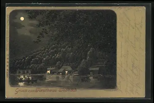 Lithographie Isenach, Forsthaus mit Boot bei Mondschein