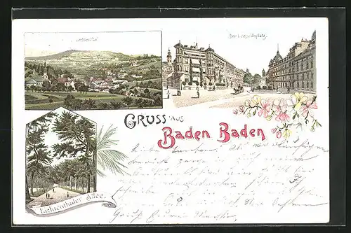 Lithographie Baden-Baden, Lichtenthal, Leopoldsplatz mit Denkmal, Lichtenthaler Allee