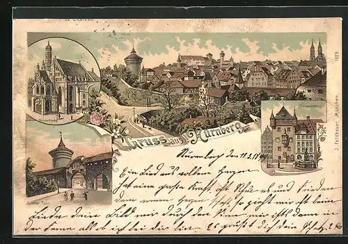 Lithographie Nürnberg, Frauenkirche, Nassauerhaus, Spittler Tor