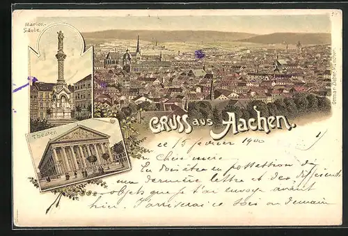Lithographie Aachen, Teilansicht, Marien-Säule, Theater