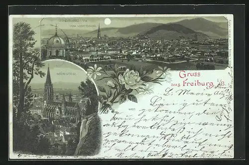 Mondschein-Lithographie Freiburg i /B., Teilansicht vom Lorettoberg aus gesehen, Münster