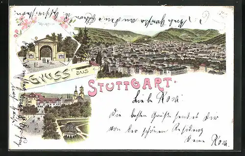 Lithographie Stuttgart, Teilansicht, Königstor, Ortspartie