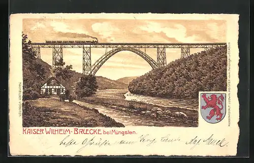 Lithographie Müngsten, Kaiser Wilhelm-Brücke mit Eisenbahn, Wappen