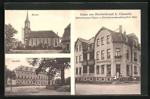 AK Reichenbrand /Chemnitz, Gasthof, Schreibwarenhandlung Rich. Malz, Kirche