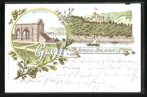 Lithographie Koblenz, Schloss Stolzenfels, Königstuhl