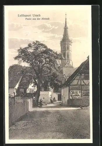 AK Urach, Partie aus der Altstadt mit Kirchturm