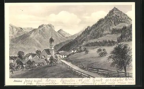 Künstler-AK Litzldorf, Ort mit Kirche vor Berglandschaft