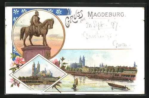 Lithographie Magdeburg, Blick auf Fluss, Denkmal, Kirche