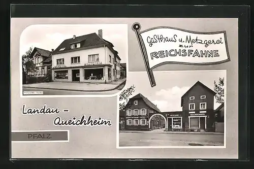 AK Landau-Queichheim, Gasthaus u. Metzgerei zur Reichsfahne