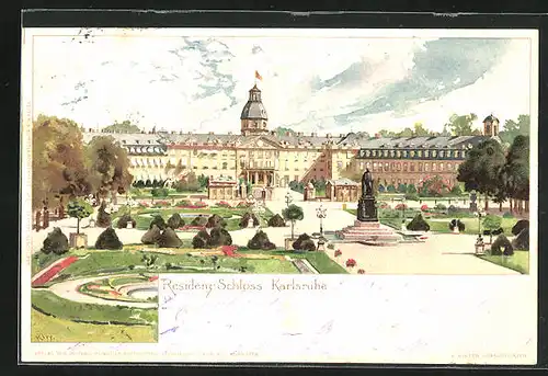 Lithographie Karlsruhe, Residenz-Schloss mit Vorhof