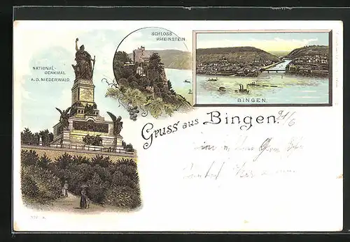 Lithographie Bingen, Teilansicht mit Brücke, National-Denkmal a. d. Niederwald, Schloss Rheinstein