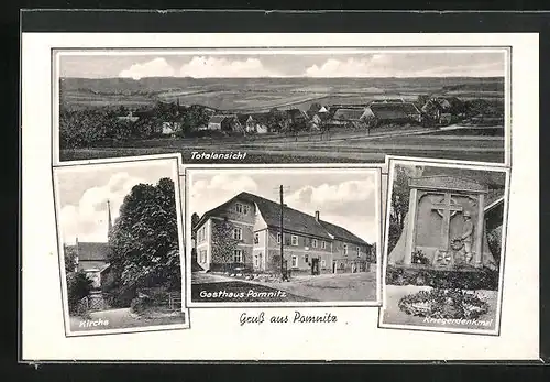 AK Pomnitz, Gasthaus Pomnitz, Kirche, Kriegerdenkmal
