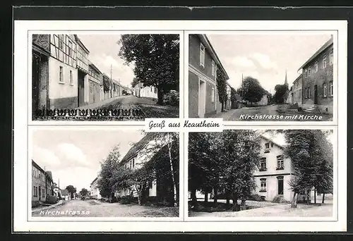 AK Krautheim, Kirchstrasse mit Kirche, Gebäudeansicht, Strassenpartie mit Fachwerkhaus