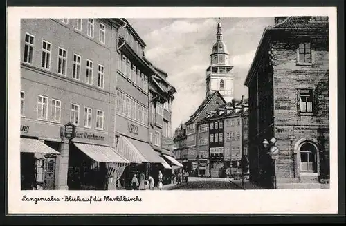 AK Langensalza, Blick auf die Marktkirche mit Geschäften