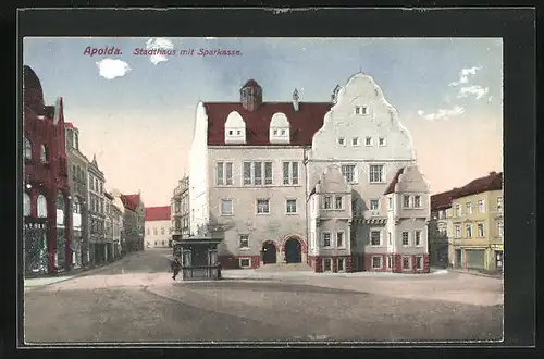 AK Apolda, Stadthaus mit Sparkasse und Geschäften