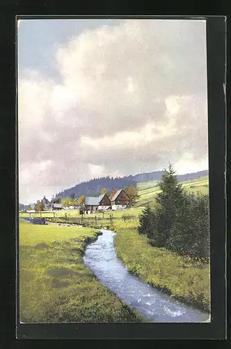 Künstler-AK Photochromie Nr.: Zaunhaus-Rehefeld, Bach gegen Dorf