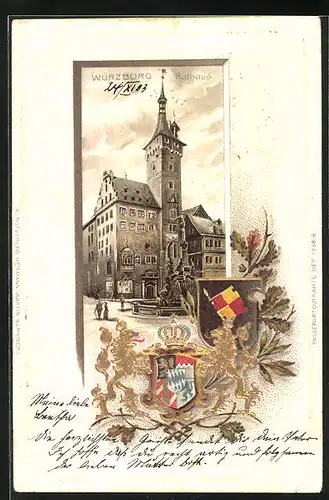 Passepartout-Lithographie Würzburg, Rathaus eingerahmt mit Wappen