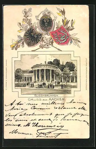 Passepartout-Lithographie Aachen, Der Elisenbrunnen eingerahmt von Wappen