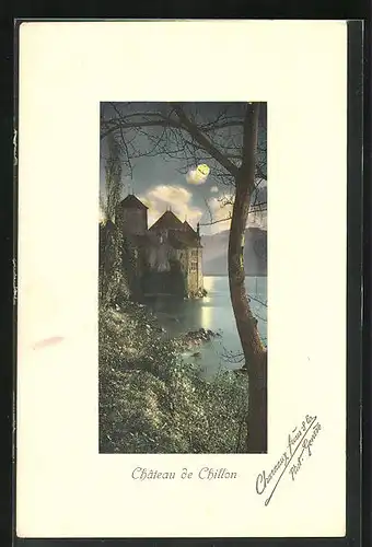 Mondschein-AK Veytaux, Château de Chillon im Mondschein