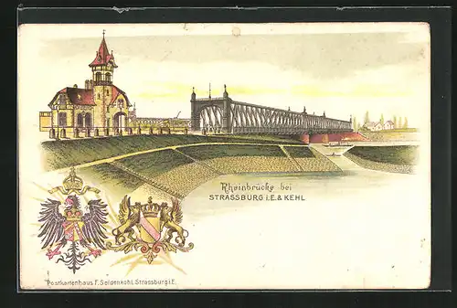 Lithographie Strassburg i. E., Rheinbrücke nach Kehl, Wappen der Orte