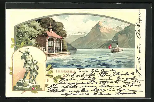 Präge-Lithographie Seelisberg, Tellskapelle mit Fluss und Bergen