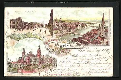 Lithographie Zürich, Bahnhof und Polytechnikum, Tonhalle, Ortsansicht