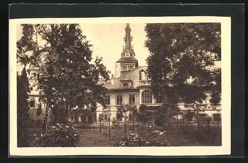 AK Luzany, Kirchturm vom Garten aus gesehen