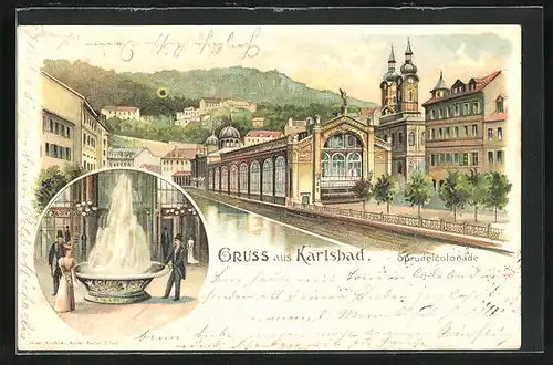 Lithographie Karlsbad, Sprudelcolonnade, Fontäne