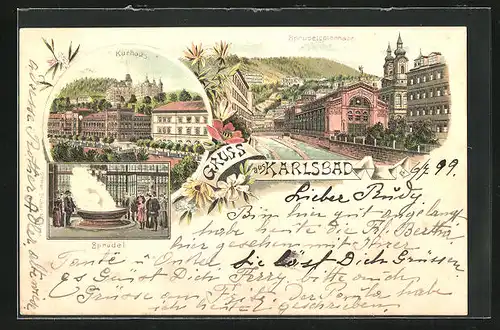 Lithographie Karlsbad, Kurhaus, Sprudelcolonnade, Sprudel