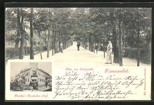 AK Franzensbad, Hotel Forster`s Deutscher Hof, Allee zur Salzquelle mit Passanten