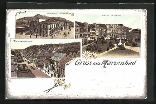 Lithographie Marienbad, Stadthaus und Postamt, Franz Josef-Platz, Kaiserstrasse