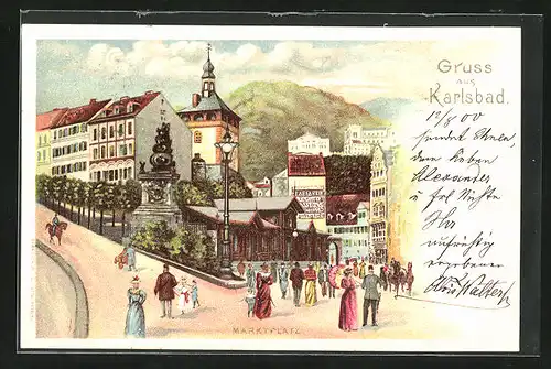 Lithographie Karlsbad, Marktplatz mit Denkmal