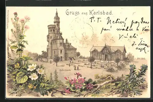 Lithographie Karlsbad, Stefaniewarte mit Gartenwirtschaft