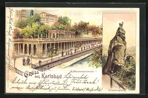 Lithographie Karlsbad, Mühlbrunnencolonnade, Hirschensprung