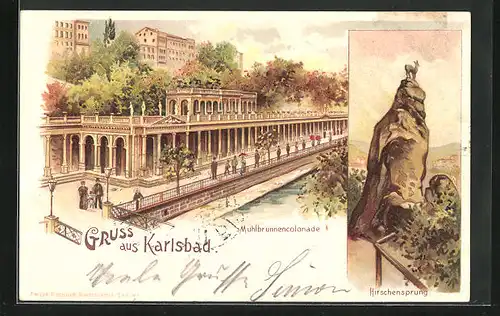 Lithographie Karlsbad, Mühlbrunnencolonnade, Hirschensprung