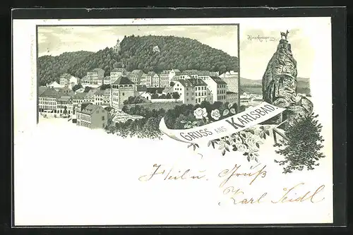 Lithographie Karlsbad, Teilansicht, Hirschensprung
