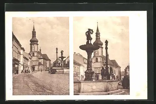 AK Falknov, Kirchplatz mit Brunnen