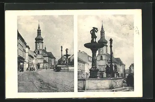 AK Falknov, Kirchplatz mit Brunnen