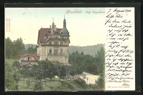 AK Karlsbad, Cafe Jägerhaus mit Umgebung
