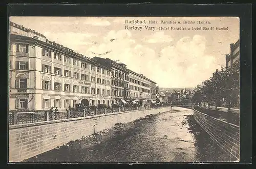 AK Karlsbad, Hotel Paradies und Brüder Hanika