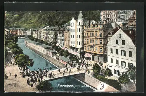 AK Karlsbad, Alte Wiese, Blick auf Brücke