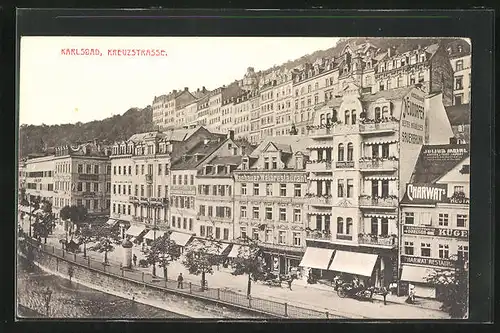 AK Karlsbad, Kreuzstrasse mit Wachauer Weinrestaurant