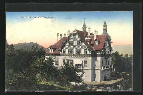 AK Karlsbad, Cafe Jägerhaus im Abendlicht